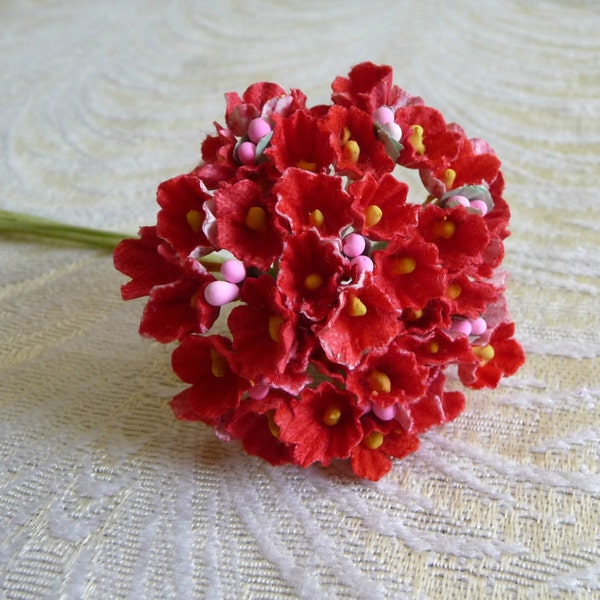Vintage Paper Forget Me Not Flowers NOS Tiny Cherry Red Bunch for Dolls Crafts Small Blossoms