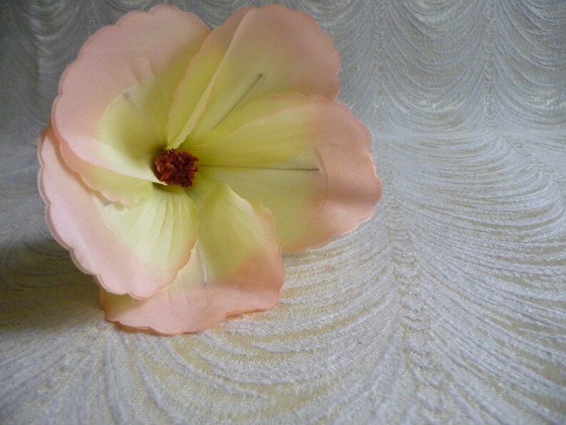 Vintage Satin Hibiscus Yellow Peach Shaded Millinery Flower NOS Japan Long Stem for Hats Fascinators Floral Arrangements
