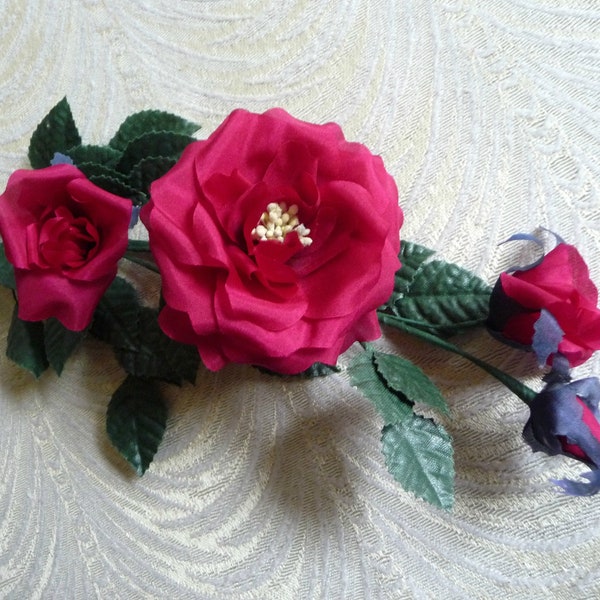 Vintage Silk Rose and Buds Long Stem Rich Red Millinery Flowers with Leaves NOS for Hats, Fascinators, Corsage, Crowns