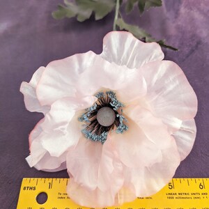 K&ouml;nnte beinhalten: Eine hellrosa Seidenmohnblume mit einem blauen und grauen Zentrum. Die Blume liegt auf einer violetten Oberfl&auml;che mit einem gelben Lineal daneben.
