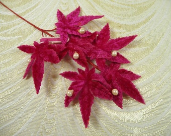 Vintage Red Fuchsia Velvet Leaves Millinery from Japan NOS Spray of 6 with Pearls for Hats Wedding Scrapbooks 7LV0034R