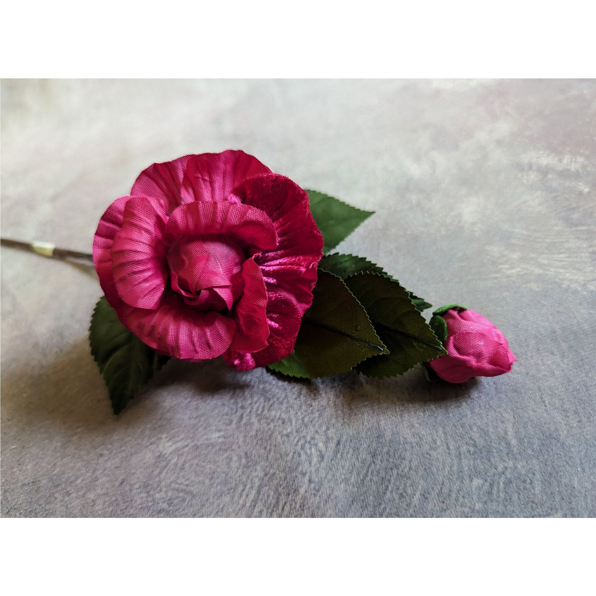 Vintage Millinery Camellia Flower With Bud Deep Shaded Red for