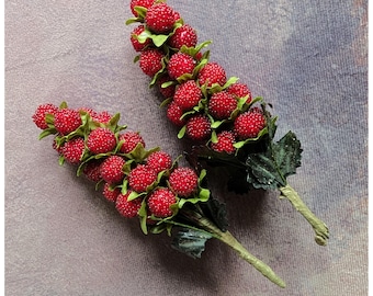 2 Bunches Red Raspberries Berries Mulberries Beaded Fruit for Hats Crafts NOS