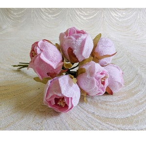 Rose Buds Bunch of 6 Small Pink Fabric Millinery Flowers for Hats Hair Clips Bridal Crowns Crafts