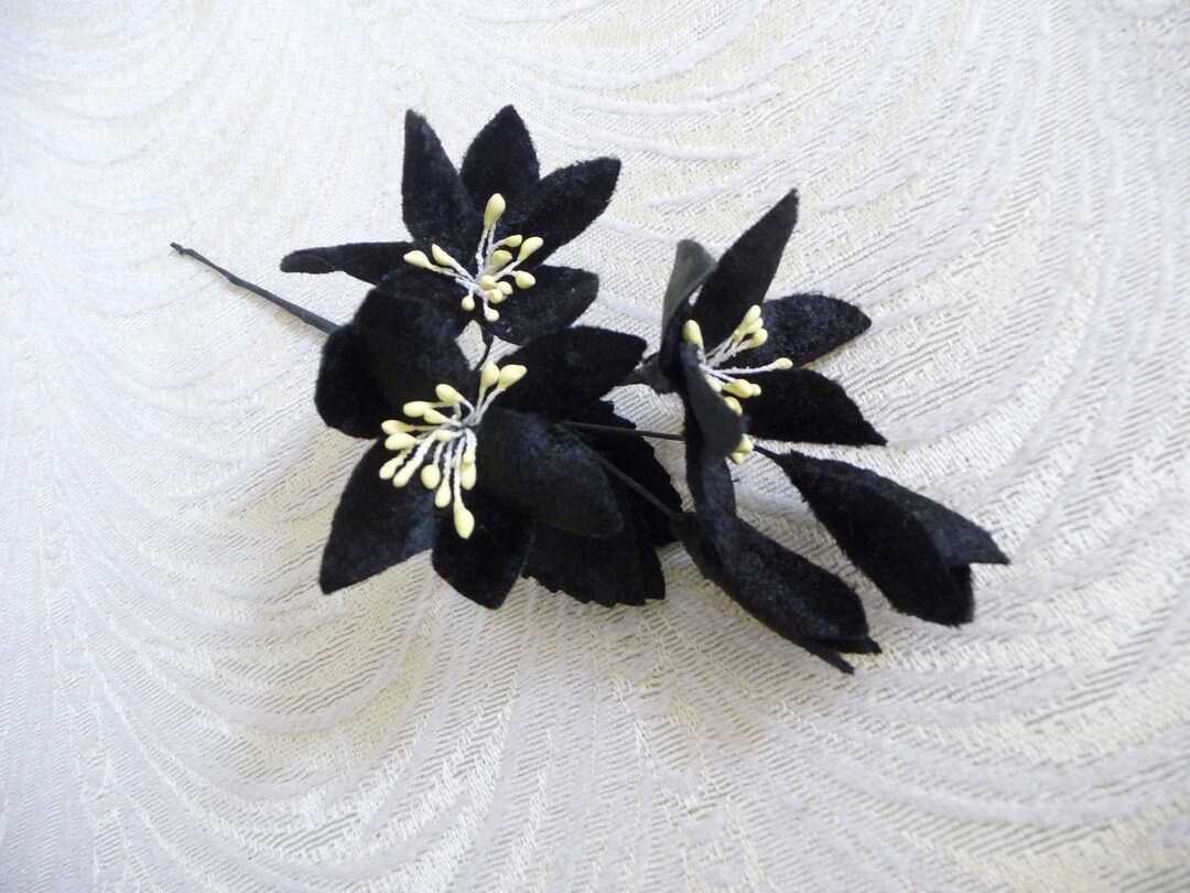 Black Velvet Millinery Flowers With Leaves for Hats, Crafts, Headbands