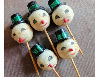 Vintage Spun Cotton Snowman Cupcake Picks 5 Mid Century Kitschy Christmas Topper Decorations from Japan for Crafts  Decorations