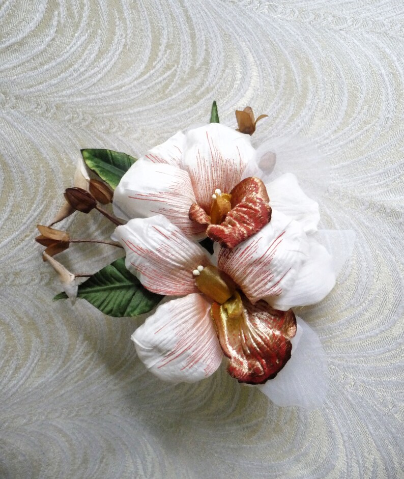 Cymbidium Orchids Spray of Two White Bronze Rust Silk and Etsy