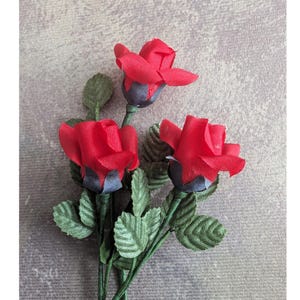 Lot of 3 Tiny 1.25&quot; Red Rose Buds for Dolls Corsages Boutonnieres Hats Small Vintage NOS Millinery Flowers for Crafts