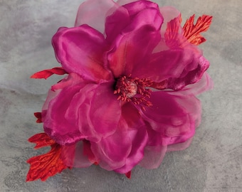6" Silk and Velvet Fuchsia and Red Magnolia Large Millinery Flower with Leaves for Hats, Fascinators, Gown