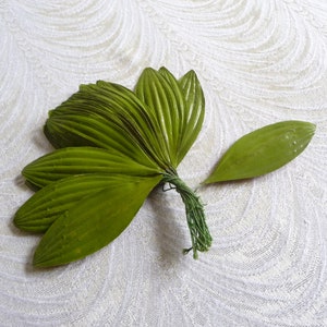 Bunch of 36 Vintage Millinery Leaves Green Embossed Fabric NOS Lily Long Leaf Handmade in USA for Hats, Crafts, Scrapbooking, Costumes image 5