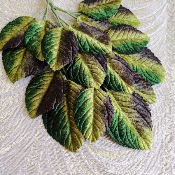 Larger Leaf Velvet Leaves Green Gold Brown Ombre Millinery Beautiful Spray of 18 for Hats Scrapbooking, Fascinators Crafts