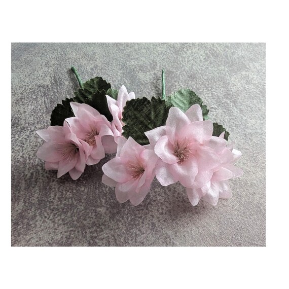 Two Sprays Tiny Pink Silk Vintage Flowers Blossoms With Leaves