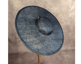 15" Dark Blue Cartwheel Hat Base Sinamay Straw Large Wide Brim Hat Form Light Navy DIY Hat Millinery Supply Round Shape Not Ready to Wear