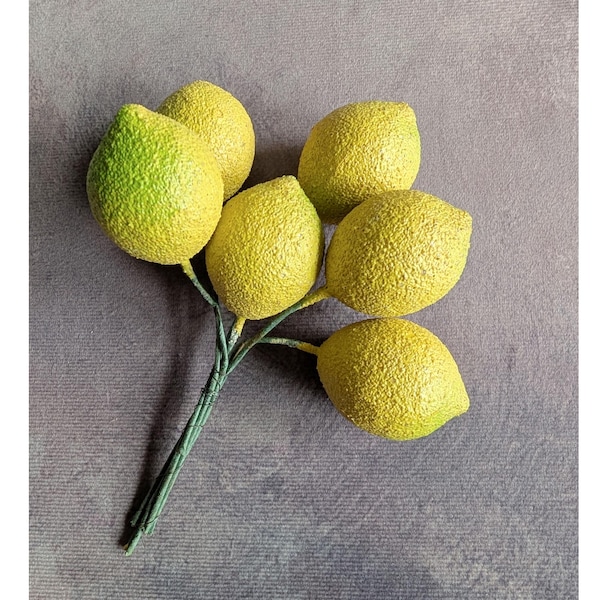 2" Vintage Lemons 6 Fruit Decoration Bunch of NOS Germany Textured Spun Cotton for Hats Crafts Millinery F27