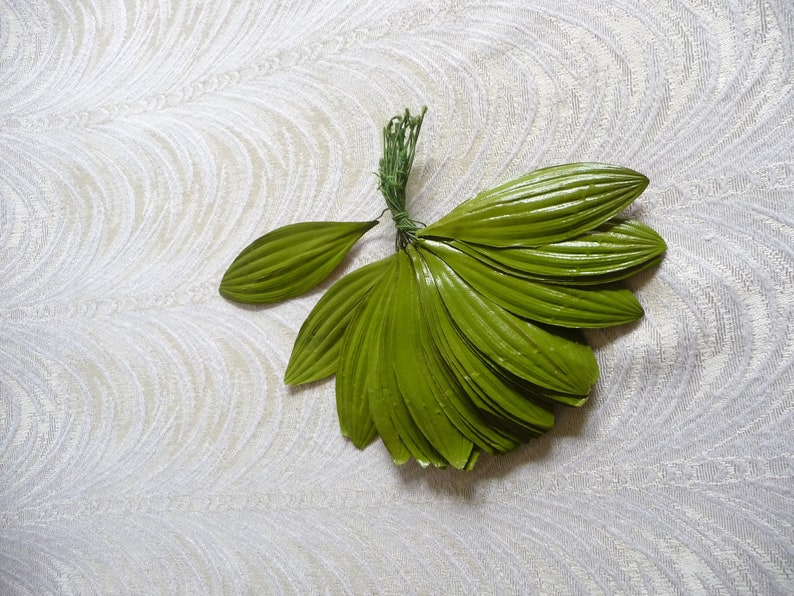 Bunch of 36 Vintage Millinery Leaves Green Embossed Fabric NOS Lily Long Leaf Handmade in USA for Hats, Crafts, Scrapbooking, Costumes image 1