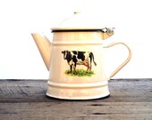 Unused French Enamel Coffee / Tea Pot Kettle Vintage Farmhouse Country Kitchen Cow Farmland Animal Rustic Cottage Excellent Condition!