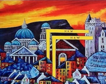 Belfast cityscape, iconic buildings, Belfast print, wall murals, black mountain, Albert clock, city hall, dockyard cranes, Belfast city