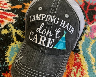 Camping hats & tanks Happy CAMPER Camping hair dont care Im a happy Camper Embroidered distressed unisex caps Tent RV Shirts Gifts