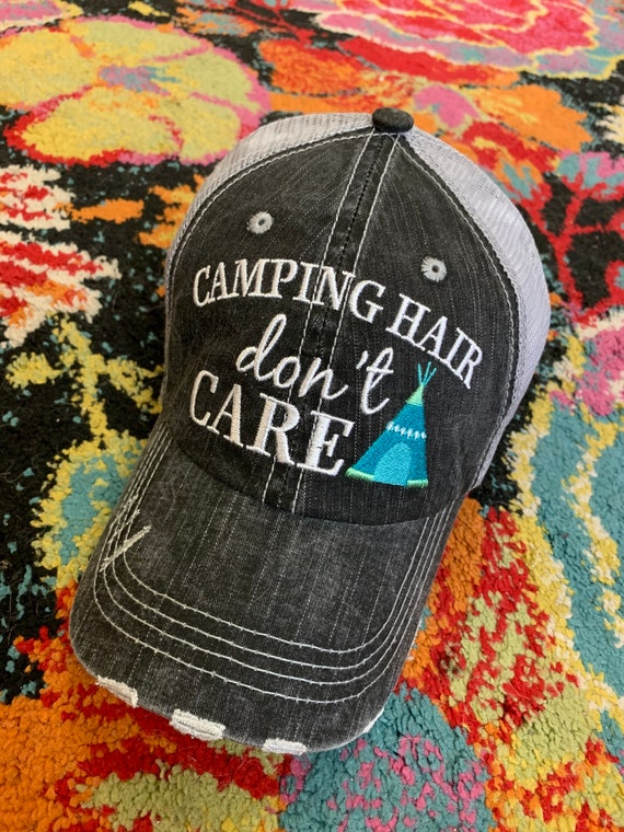 Camping Hats & Tanks Happy CAMPER Camping Hair Dont Care Im a Happy Camper  Embroidered Distressed Unisex Caps Tent RV Shirts Gifts -  Israel