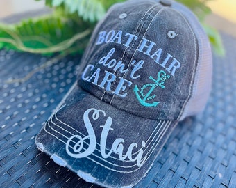 Personalized BOAT Hats Boat hair dont care Kayak hair dont care Embroidered trucker caps Boating hats women Lake Anchors River Cabin Vaca