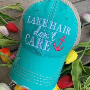 Women's Ponytail Baseball Cap - "Pool Hair Don't Care" Distressed Trucker Hat - View #4