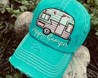 Happy camper hat Embroidered distressed teal blue green Camping cap RV Campground Cabin Vacation