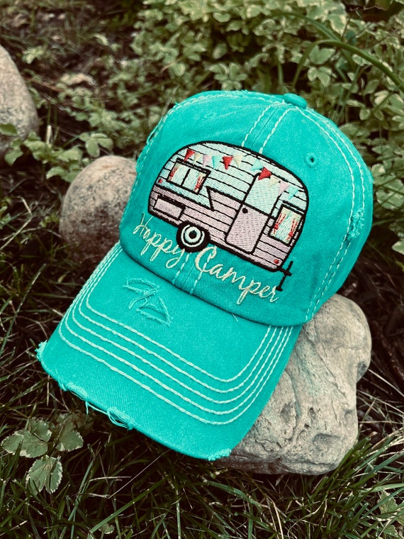 Happy Camper Hat Embroidered Distressed Teal Blue Green  display picture 3