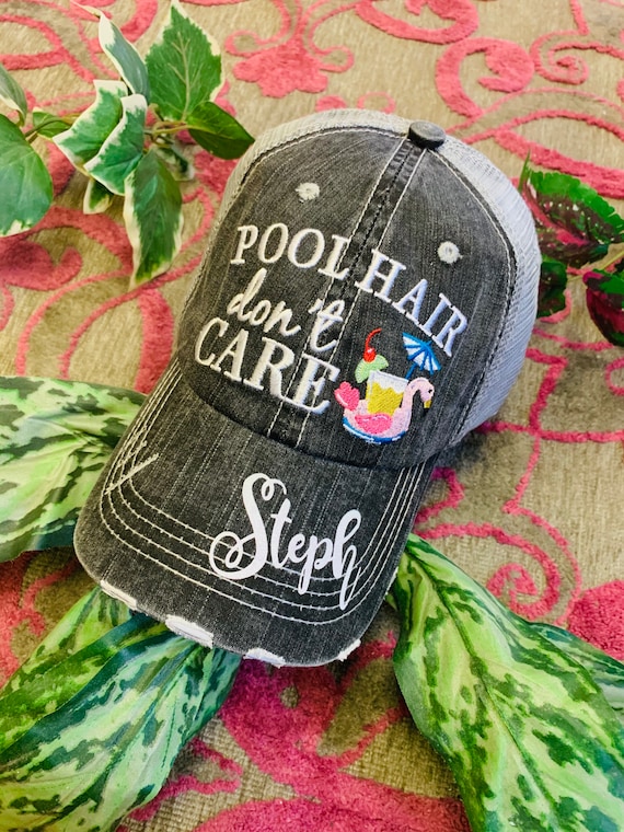 Personalized Pool Hats Pool Hair Dont Care Flamingo Drink Umbrella Teal Pink Flip Flops Embroidered Distressed Womens Adjustable Trucker Cap