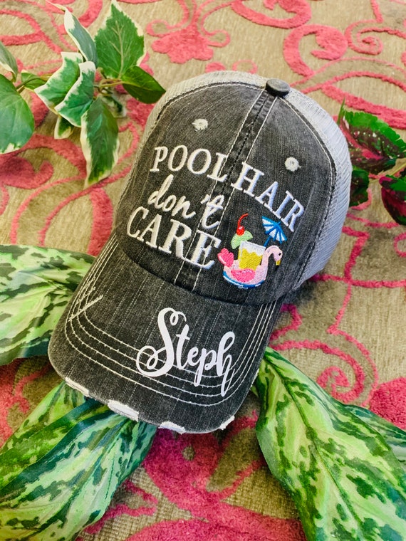 Personalized Pool Hats Pool Hair Dont Care Flamingo Drink Umbrella Teal Pink Flip Flops Embroidered Distressed Womens Adjustable Trucker Cap