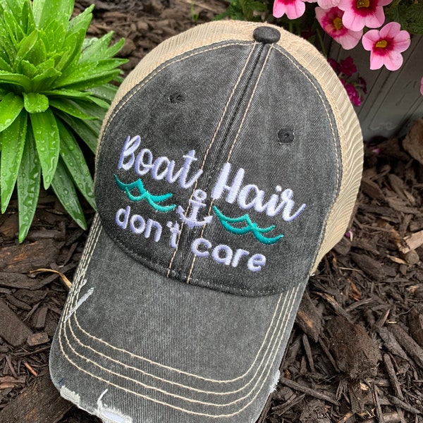 Boat hats! Boat hair don’t care • Black embroidered trucker cap • Unisex • Personalize with names! Mens • Womens.