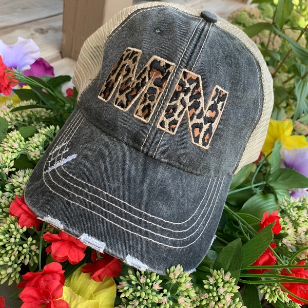 State hats Leopard womens trucker cap MN Abbreviation headwear Other states available Embroidered