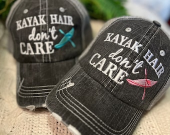Personalized Kayak hats Kayak hair dont care Embroidered gray unisex trucker caps Boat Paddle River Lake Womens Men’s Pink Teal Kayaking