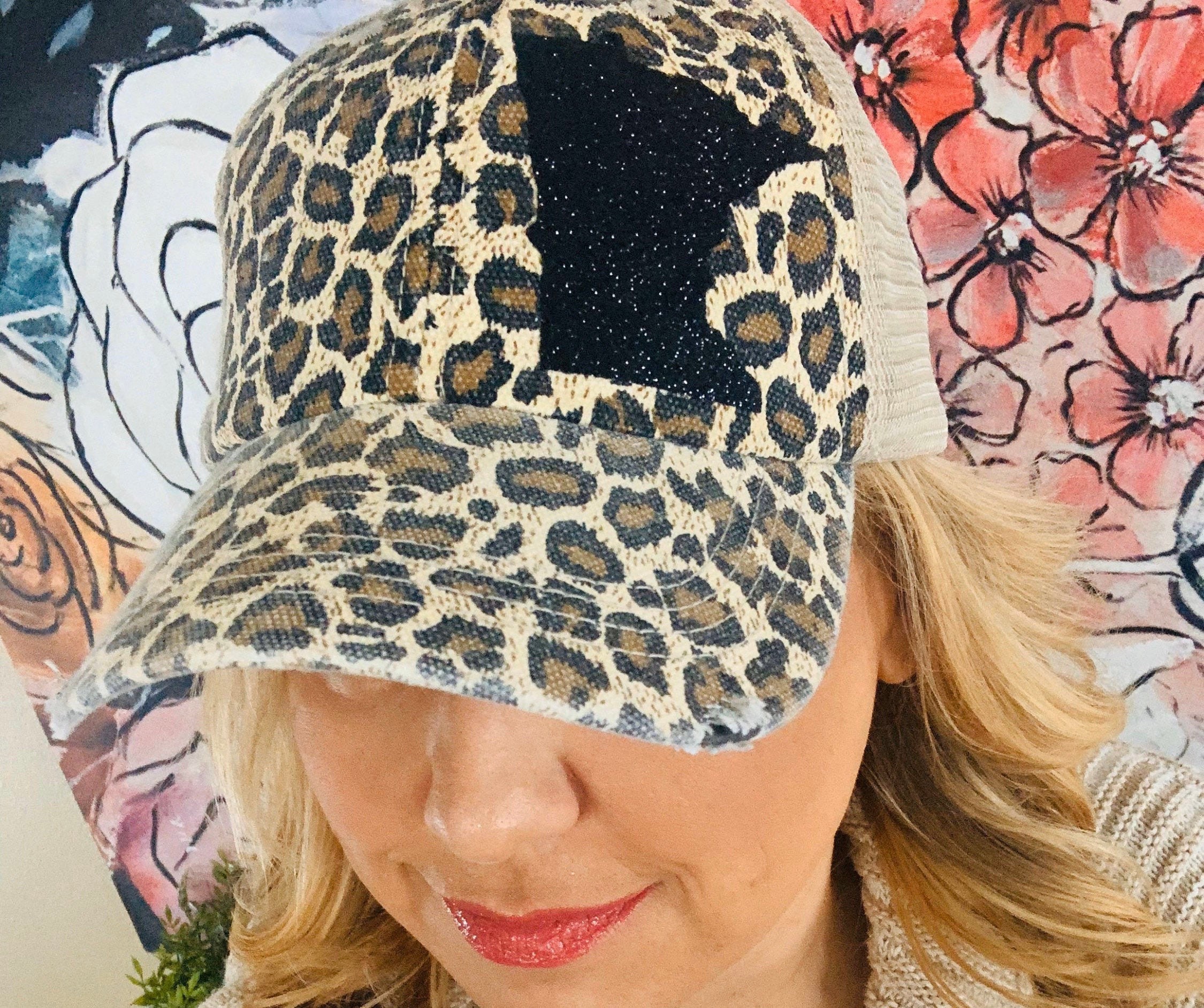 Leopard Print Trucker Cap: Distressed Brown Hat With Glitter 