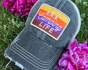 Camping hats Camping life Personalize Im a happy camper Camping hair dont care Unisex distressed trucker caps Gifts RV