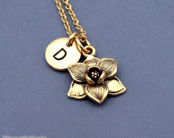 Magnolia flower necklace, Gold Magnolia flower charm, garden charm, Magnolia jewelry, initial necklace, personalized, monogram