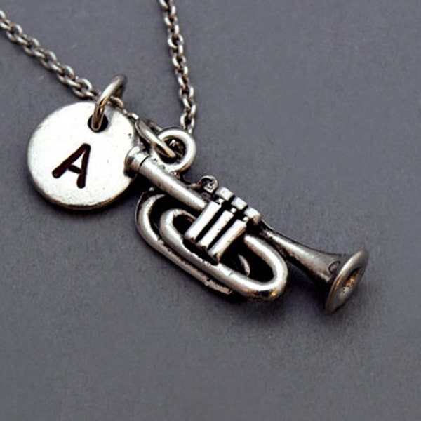 Trumpet Charm necklace, brass instrument, musician, initial necklace, initial hand stamped, personalized, antique silver, monogram