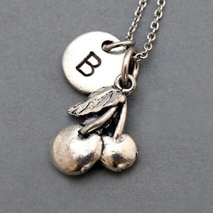 Cherry charm, Cherries, Cherry necklace, fruit charm, initial necklace, initial hand stamped, personalized, antique silver, monogram