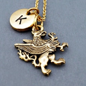 Griffin necklace, Lion and eagle Necklace, antique gold, initial necklace, personalized, monogram