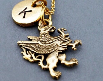 Griffin necklace, Lion and eagle Necklace, antique gold, initial necklace, personalized, monogram