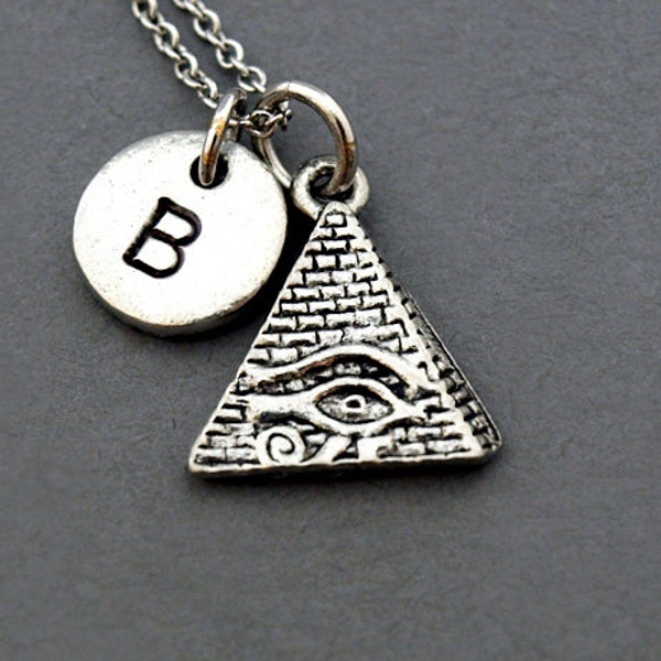 Pyramid necklace, silver pyramid, Egyptian pyramid jewelry, antique silver, initial necklace, initial hand stamped, personalized, monogram