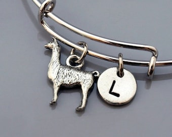 Llama bangle, Llama bracelet, lama glama, Silver Llama, Expandable bangle, Personalized bracelet, Charm bangle, Monogram, Initial bracelet