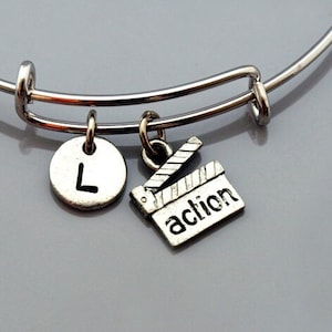Clapperboard charm bracelet, film clapper board, movie clapper bracelet, film student, film lover, Expandable bangle, Initial bracelet