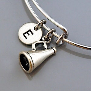 Cheerleader megaphone bangle, Cheerleader Megaphone bracelet, Cheerleading charm jewelry, Expandable bangle, Initial bracelet