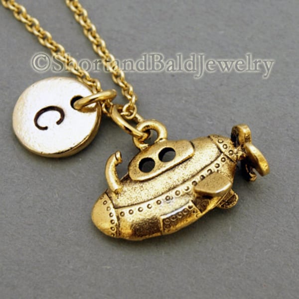 Submarine charm necklace, yellow submarine, antique gold, initial necklace, initial hand stamped, personalized, monogram