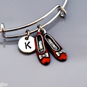 Ruby red slippers bracelet, wizard of oz charm, magical shoes, Silver ruby red slippers bangle, Expandable bangle, Initial bracelet