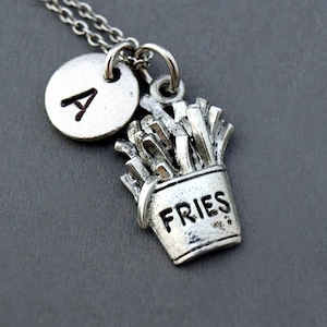 French fries necklace, French fried potatoes, Fries necklace, antique silver, initial necklace, initial hand stamped, personalized, monogram