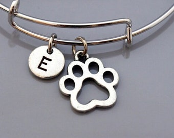 Dog Paw Print bangle, Paw bracelet, Dog paw bracelet, Expandable bangle, Personalized bracelet, Charm bangle, Monogram, Initial bracelet