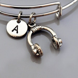 Headphones bangle, Headphones bracelet, Music, Expandable bangle, Personalized bracelet, Charm bangle, Monogram, Initial bracelet