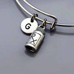 RX medicine bottle charm Bangle, pill bottle charm, RX bottle charm, Expandable bangle, Personalized bracelet, Monogram, Initial bracelet