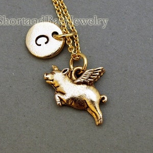 Pig with wings necklace, flying pig necklace, antique gold, initial necklace, initial hand stamped, personalized, monogram